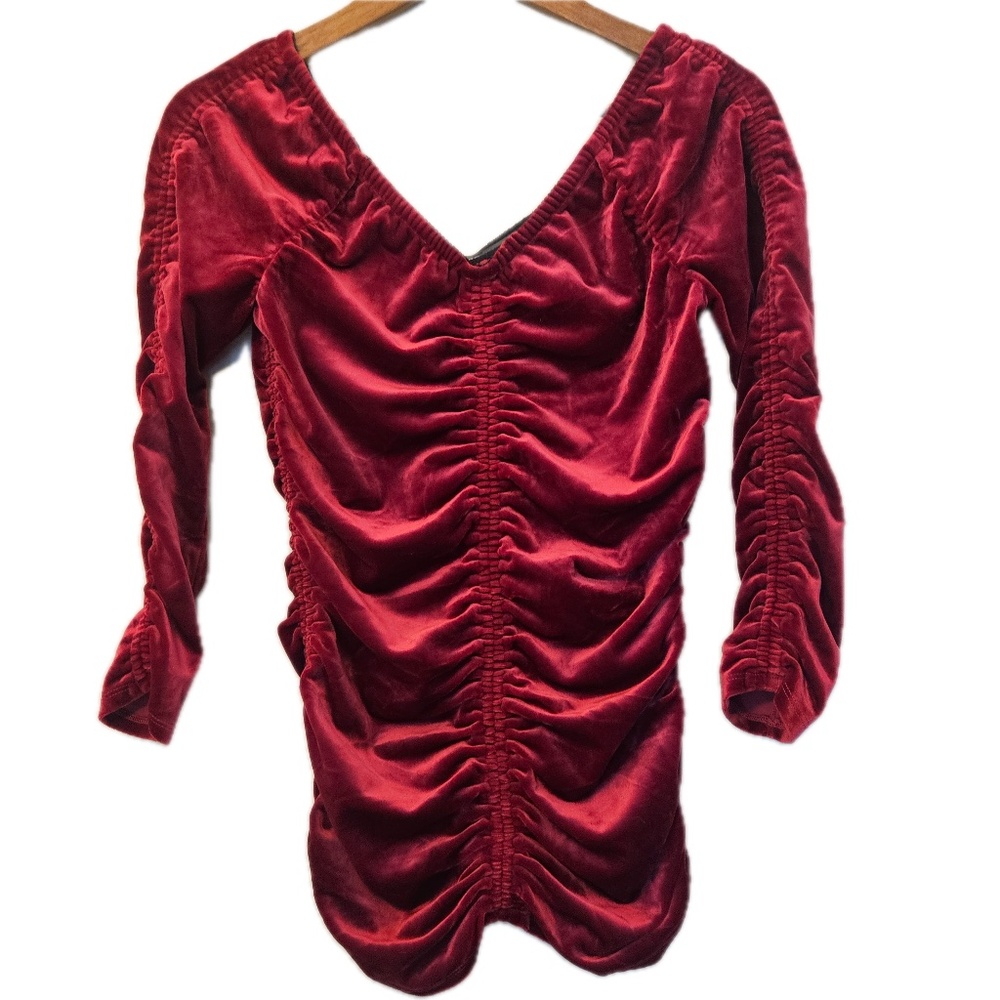 Venus Blouse Womens‎ S Red Tunic Velvet V-Neck Long Sleeve Ruched Slim Fit